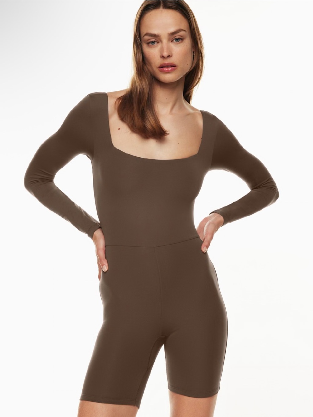 Aritzia Babaton Contour Squareneck Longsleeve Romper Brown Size Large